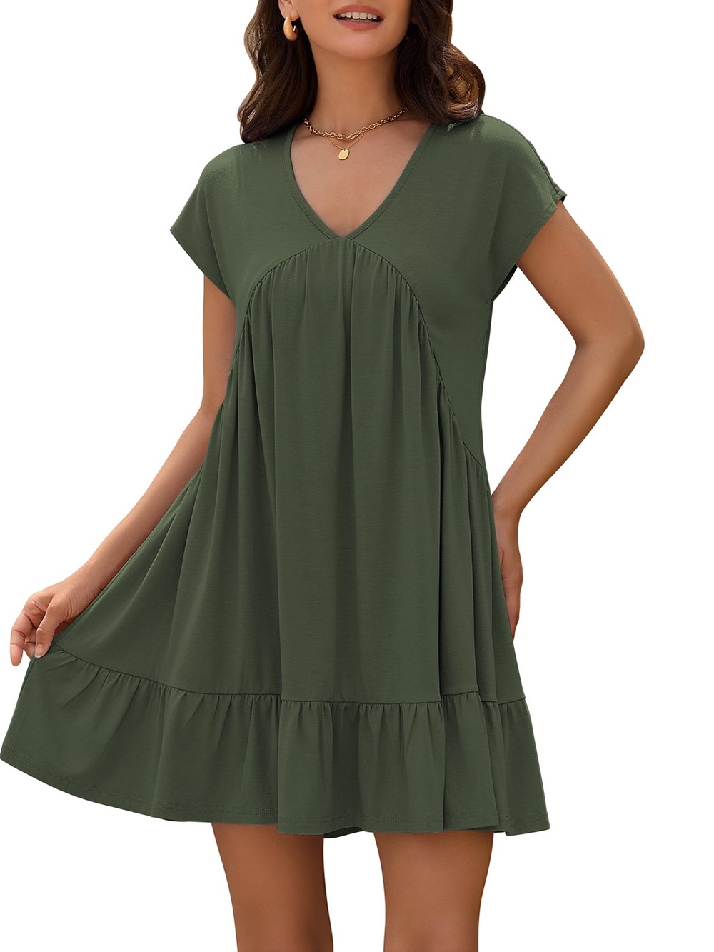 Olive Green V-Neck Swing Mini Dress